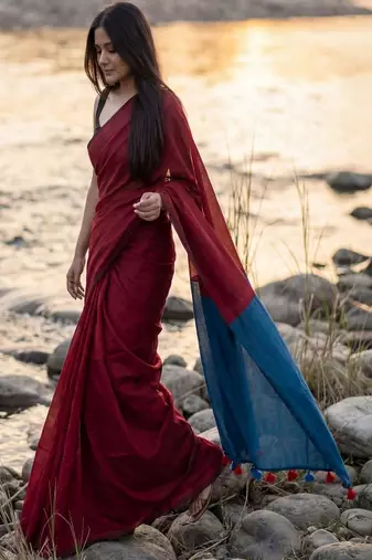 Colourblocked pure cotton khadi saree