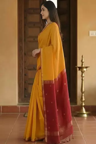 yellow cotton kanjeevaram saree with woven zari design