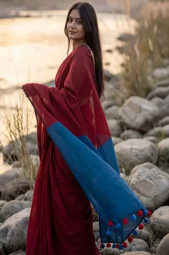 Colourblocked pure cotton khadi saree