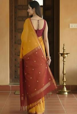 yellow cotton kanjeevaram saree with woven zari design 3