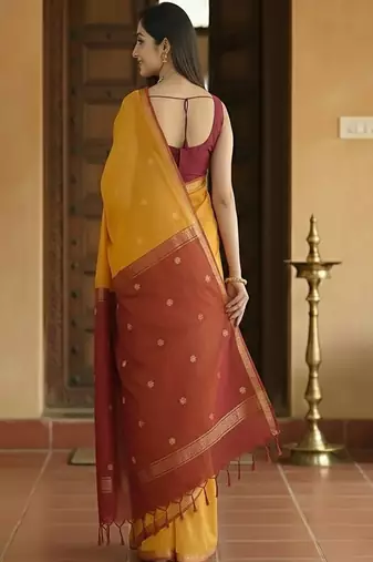 yellow cotton kanjeevaram saree with woven zari design