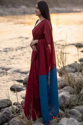Colourblocked pure cotton khadi saree