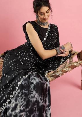 black crepe bandhani saree with printed ethnic design 1