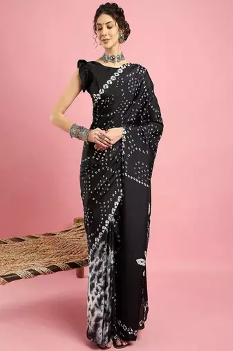 black crepe bandhani saree with printed ethnic design
