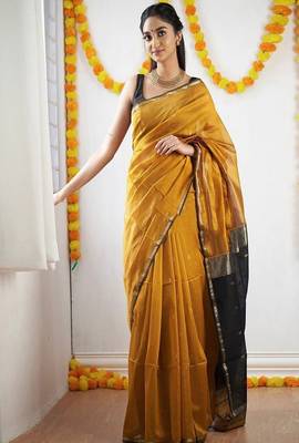 mustard art silk kanjeevaram saree with woven design 1