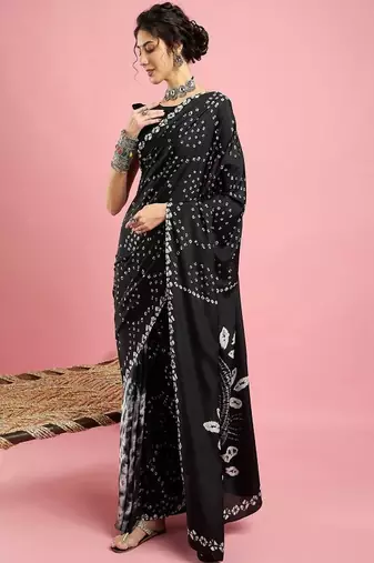 black crepe bandhani saree with printed ethnic design