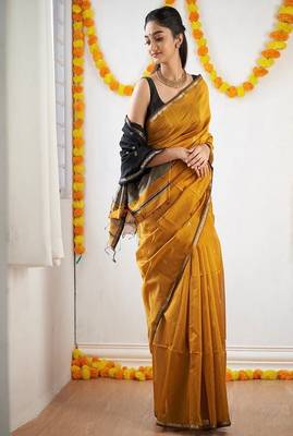 mustard art silk kanjeevaram saree with woven design 2