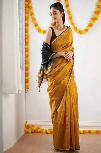 mustard art silk kanjeevaram saree with woven design