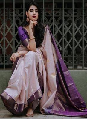purple art silk kanjeevaram saree with woven zari design 1