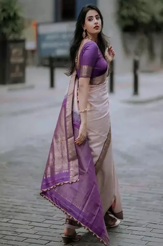 purple art silk kanjeevaram saree with woven zari design