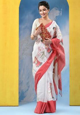 Ethnic motifs embroidered pure cotton khadi saree 1