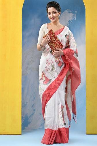 Ethnic motifs embroidered pure cotton khadi saree