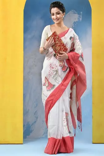 Ethnic motifs embroidered pure cotton khadi saree