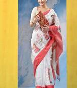 Ethnic motifs embroidered pure cotton khadi saree