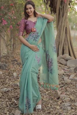 sea green cotton linen saree with soft silk woven work 1
