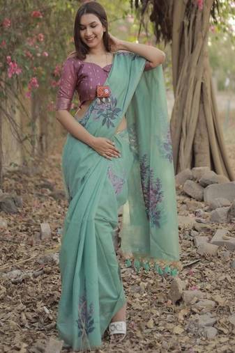 Green cotton linen soft silk saree