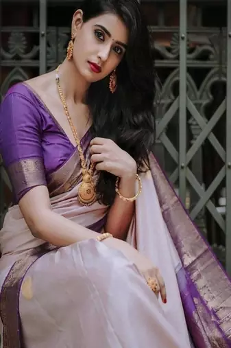 purple art silk kanjeevaram saree with woven zari design