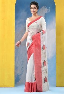 Ethnic motifs embroidered pure cotton khadi saree 2
