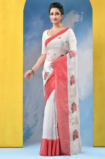 Ethnic motifs embroidered pure cotton khadi saree
