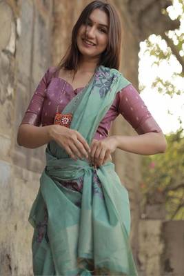 sea green cotton linen saree with soft silk woven work 2