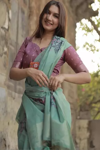 sea green cotton linen saree with soft silk woven work