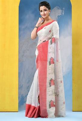 Ethnic motifs embroidered pure cotton khadi saree 3