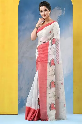 Ethnic motifs embroidered pure cotton khadi saree