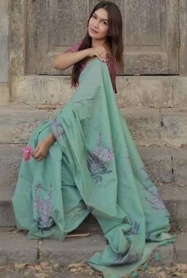 sea green cotton linen saree with soft silk woven work 3