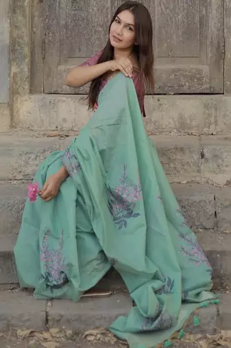 sea green cotton linen saree with soft silk woven work