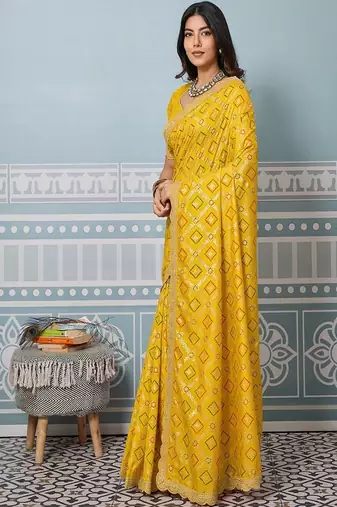 Sequinned silk blend heavy work bandhani saree