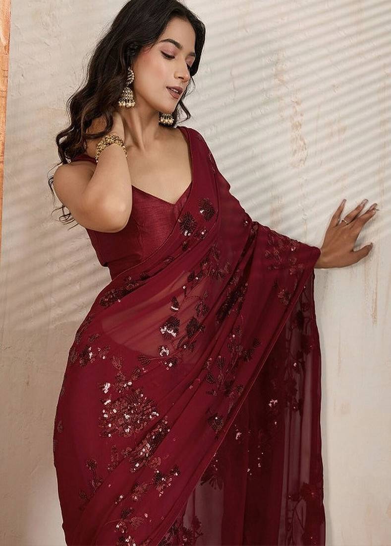 Embellished sequinned pure georgette saree