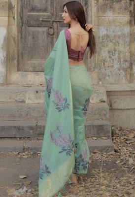 sea green cotton linen saree with soft silk woven work 4