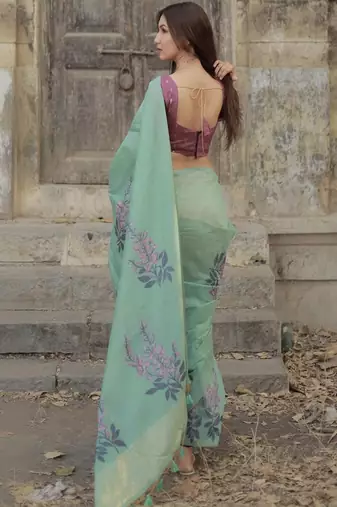 sea green cotton linen saree with soft silk woven work