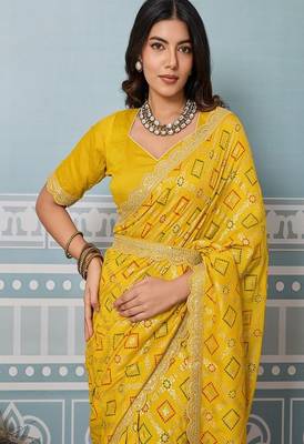 yellow art silk bandhani saree with sequinned work 2