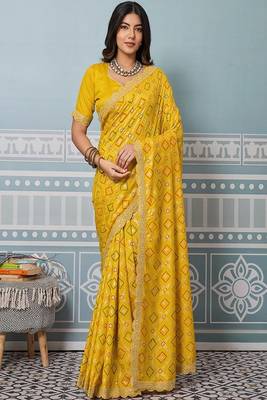 yellow art silk bandhani saree with sequinned work 3
