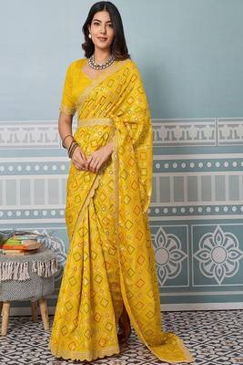 yellow art silk bandhani saree with sequinned work 4