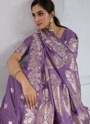 purple art silk banarasi saree with woven floral motifs 1