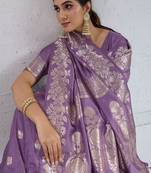 purple art silk banarasi saree with woven floral motifs