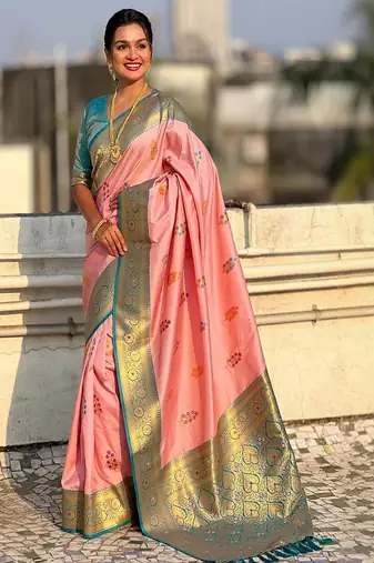 yellow art silk banarasi saree with woven zari motifs