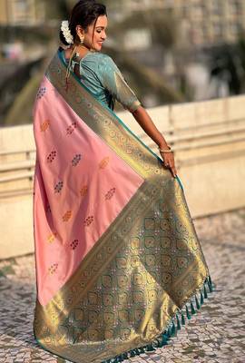 yellow art silk banarasi saree with woven zari motifs 4