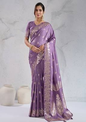 purple art silk banarasi saree with woven floral motifs 2