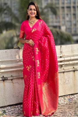 pink art silk banarasi saree with woven design work 1