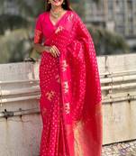 pink art silk banarasi saree with woven design work