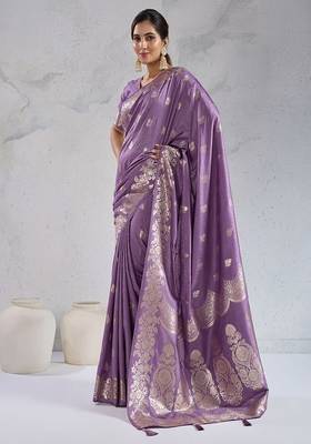 purple art silk banarasi saree with woven floral motifs 3