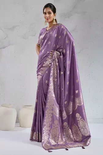 purple art silk banarasi saree with woven floral motifs