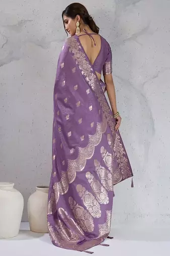 purple art silk banarasi saree with woven floral motifs
