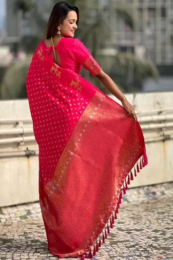 pink art silk banarasi saree with woven design work