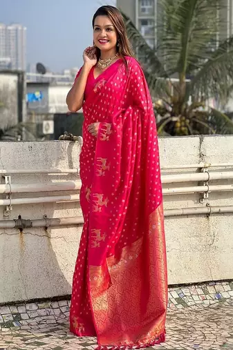 pink art silk banarasi saree with woven design work