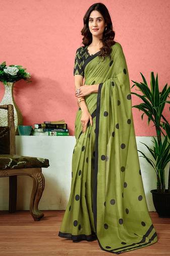 Polka dots printed ready to wear saree with unstitched blouse