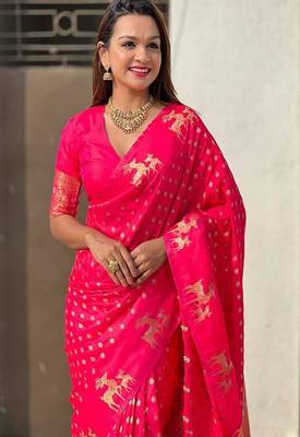 pink art silk banarasi saree with woven design work 4